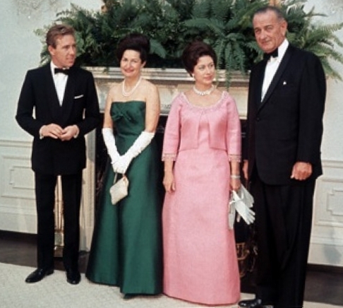 Princess Margaret and the Earl of Snowdon with the United States president Lyndon B. Johnson and his wife Lady Bird at the White House on 17 November 1965