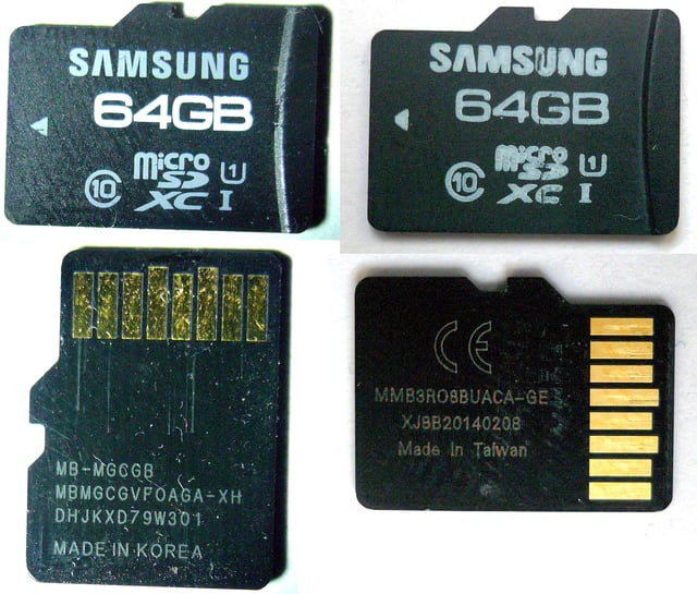 Samsung Pro 64 GB microSDXC original (left) and counterfeit (right): The counterfeit claims to have 64 GB in capacity, but only 8 GB (Class 4 speed) are usable: When trying to write more than 8 GB, data loss occurs. Also used for SanDisk 64 GB fakes.