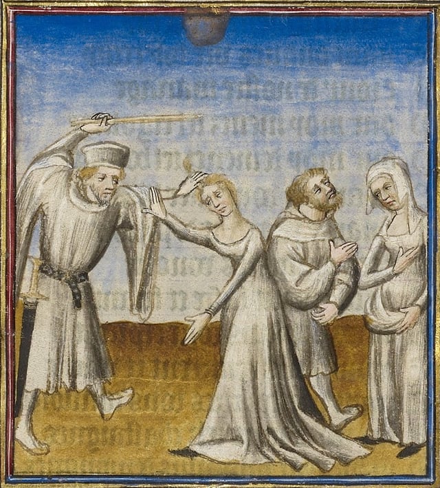 Man beating his wife with a stick. Circa 1360.
