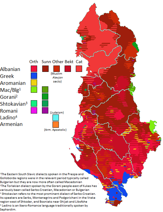 Traditional locations of linguistic and religious communities in Albania.