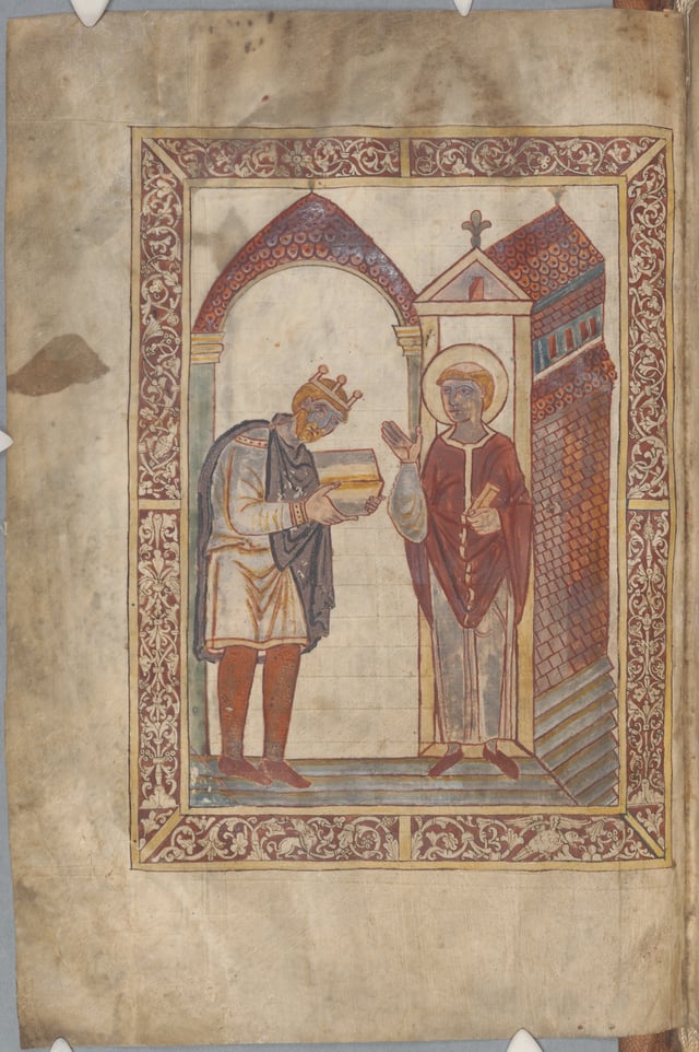 Æthelstan presenting a gospel book to (the long-dead) St Cuthbert (934); Corpus Christi College Cambridge MS 183, fol. 1v