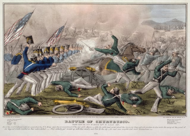 Battle of Churubusco by J. Cameron, published by Nathaniel Currier. Hand tinted lithograph, 1847. Digitally restored.