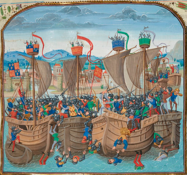 The Battle of Sluys as depicted in Froissart's Chronicles; late 14th century