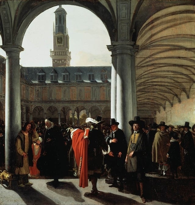 Courtyard of the Amsterdam Stock Exchange by Emanuel de Witte, 1653; the Amsterdam Stock Exchange was the first stock exchange to introduce continuous trade in the early 17th century.