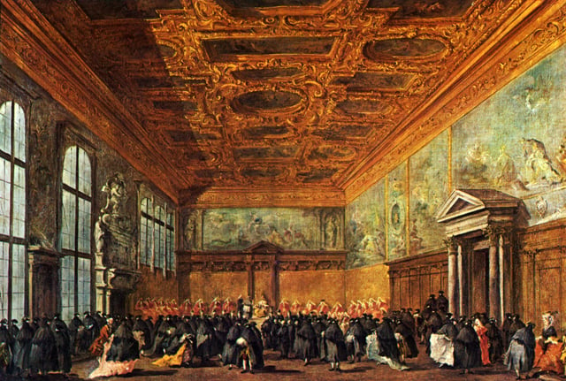 The hearing given by the Doge in the Sala del Collegio in Doge's Palace by Francesco Guardi, 1775–80