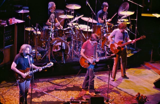 The Grateful Dead in 1980. Left to right: Jerry Garcia, Bill Kreutzmann, Bob Weir, Mickey Hart, Phil Lesh. Not pictured: Brent Mydland.