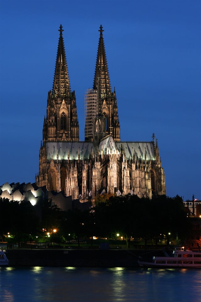 Cologne Cathedral, finally completed in 1880 (though construction started originally in 1248) with a façade 157 metres tall and a nave 43 metres tall