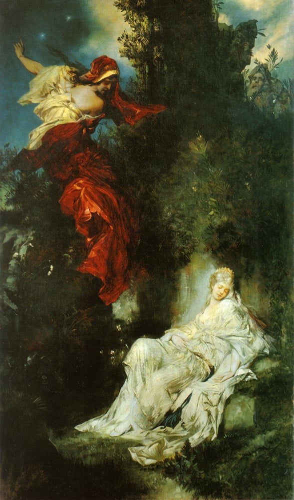 The fable's antagonist the Evil Queen with the protagonist Snow White as depicted in The Sleeping Snow White by Hans Makart (1872)
