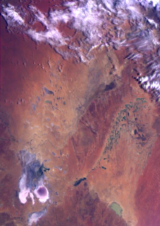 Simpson Desert, visible dune lines and Lake Eyre at bottom left