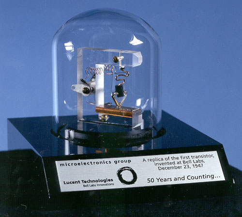 A replica of the first working transistor, a point-contact transistor invented in 1947.