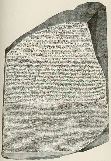 The early 19th-century editions of Encyclopædia Britannica included influential, original research such as Thomas Young's article on Egypt, which included the translation of the hieroglyphs on the Rosetta Stone (pictured).