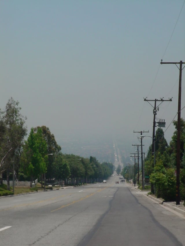 The Inland Empire is subject to smog conditions on a regular basis as seen here, looking south, from the north terminus of Haven Avenue in Rancho Cucamonga.  Note how the street 'fades' into the smoggy haze and the Santa Ana Mountains are completely obscured.