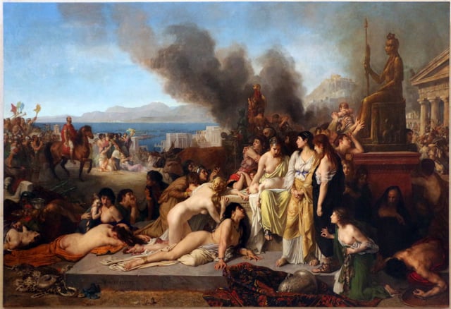 Scene of the Battle of Corinth (146 BC): last day before the Roman legions looted and burned the Greek city of Corinth. The last day on Corinth, Tony Robert-Fleury, 1870