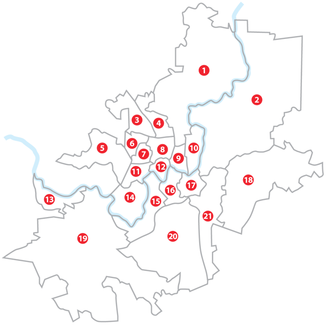 Map of Vilnius elderships. Numbers on the map correspond with numbers in the list