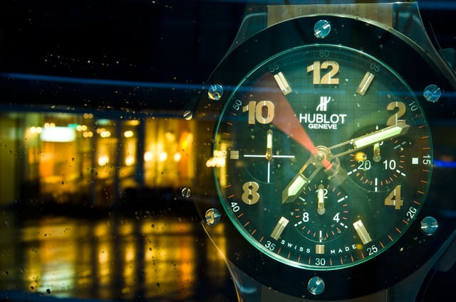 An enormous Hublot wristwatch at Hublot Boutique shop window in Warsaw