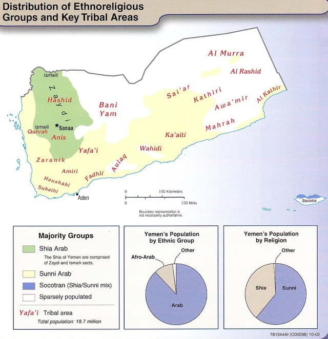 Yemen's tribal areas and Shia/Sunni regions. Shia Muslims predominant in the green area of Yemen's West, with the rest of Yemen being Sunni Muslims