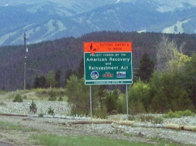 Sign for an ARRA funded road-widening project on State Highway 9 north of Breckenridge, Colorado.