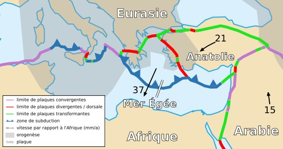 The Arabian plate at 15 converges into the Anatolian Plate at 21 against the purple line (East Anatolian Fault). The Anatolian Plate moves west slipping along the North Anatolian Fault (green) but there is some north-south extension along the red border, which continues into the Aegean Plate at 37. It is opening the old subduction zone and uncovering the massifs, which have arisen as the Cyclades and the Menderes Massif.