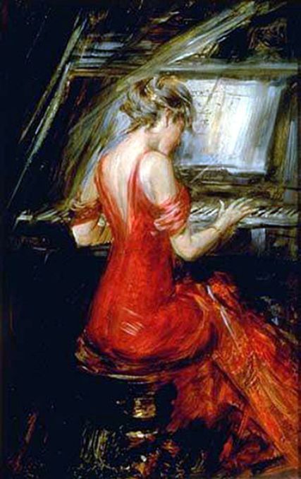 A painting by Boldini of a woman playing the piano.