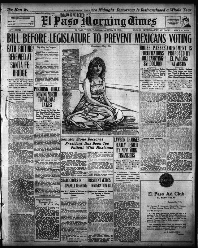 El Paso Morning Times newspaper January 30, 1917 Headlinedː "Bill Before Congress To Prevent Mexicans Voting" depicts the 1917 Bath Riots begun by Carmelita Torres at the Santa Fe International Bridge disinfecting plant at the El Paso, Texas and Juarez, Mexico border.