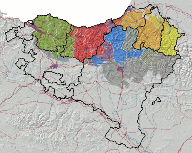 The modern dialects of Basque according to 21st-century dialectology.   Western (Biscayan)  Central (Gipuzkoan)  Upper Navarrese  Lower Navarrese–Lapurdian  Souletin (Zuberoan)  other Basque areas ca 1850 (Bonaparte)