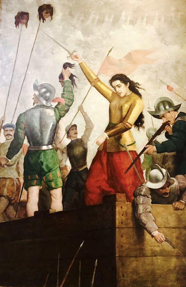 Inés de Suárez, successfully defending Santiago against a Mapuche attack in 1541