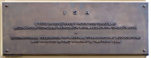 Plaque marking the building in Prague where the ISO's predecessor, the ISA, was founded.