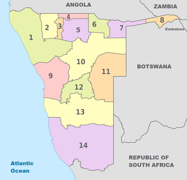 Regions of Namibia:    1. Kunene 2. Omusati 3. Oshana 4. Ohangwena 5. Oshikoto   6. Kavango West 7. Kavango East 8. Zambezi 9. Erongo 10. Otjozondjupa  11. Omaheke 12. Khomas 13. Hardap 14. ǁKaras