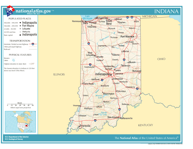 Map of Indiana including major roads, municipalities, and water bodies
