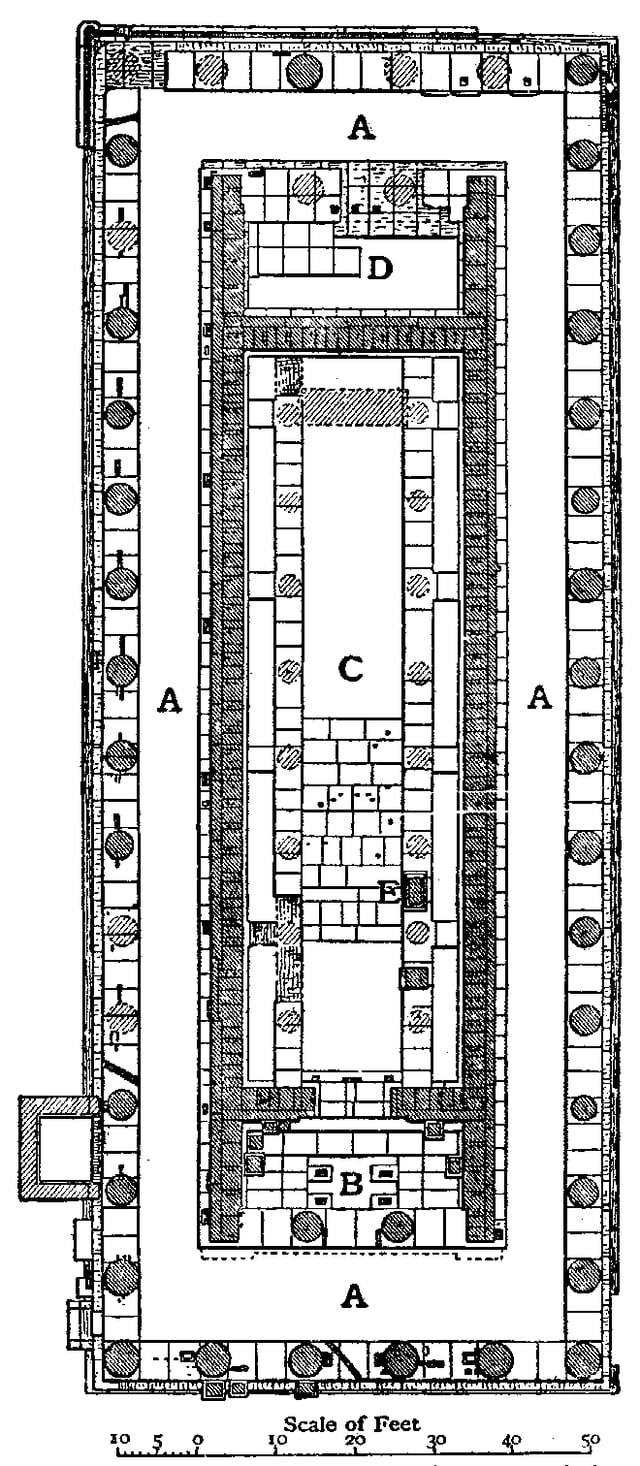 Plan of the Temple of Hera. (A: Peristyle; B: Pronaos; C: Naos; D: Opisthodomos; E: Base of Statue of Hermes).