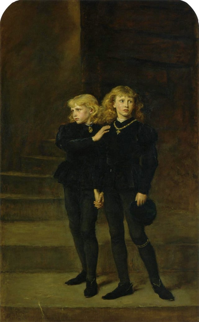 The Two Princes Edward and Richard in the Tower, 1483 by Sir John Everett Millais, 1878. Edward V at right wears the garter of the Order of the Garter beneath his left knee.
