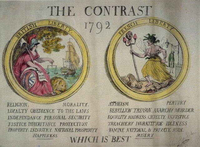 The revolution was initially popular in Britain, but later its turmoils turned into a cause of alarm, as this 1792 caricature contrasting "British Liberty" with "French Liberty" demonstrates.
