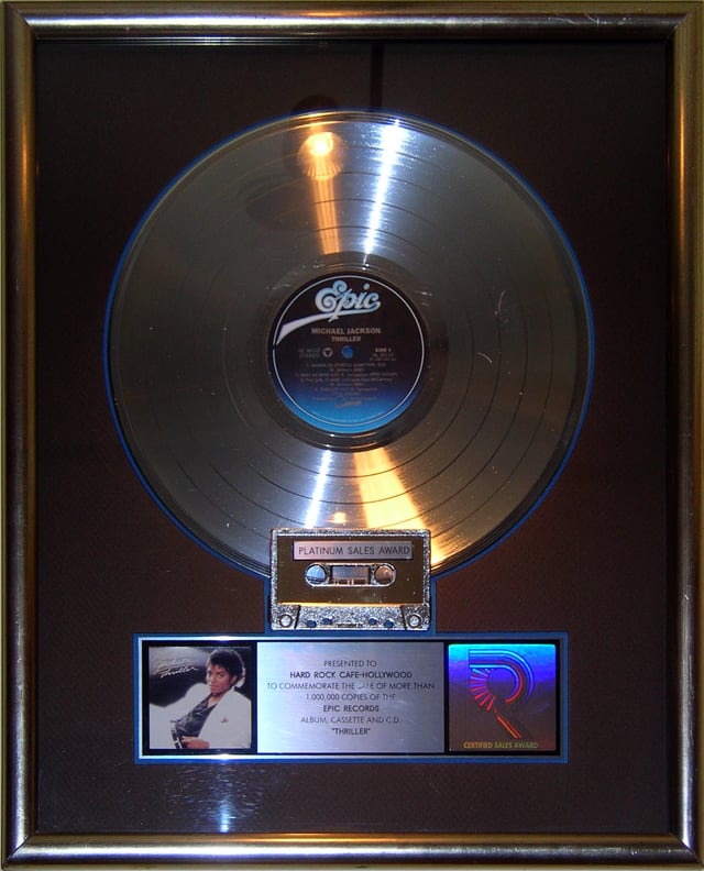 The platinum record for Michael Jackson's Thriller, approximated to have sold 66 million copies worldwide, as the world's best-selling album