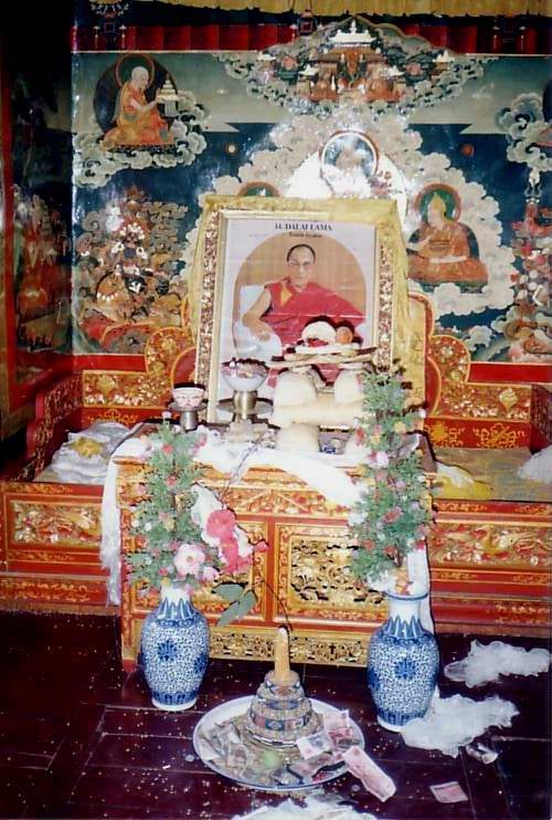 Throne awaiting Dalai Lama's return. Summer residence of 14th Dalai Lama, Nechung, Tibet.