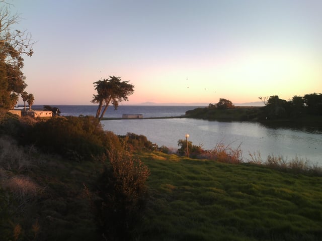 A view over the school's lagoon to one of the Channel Islands