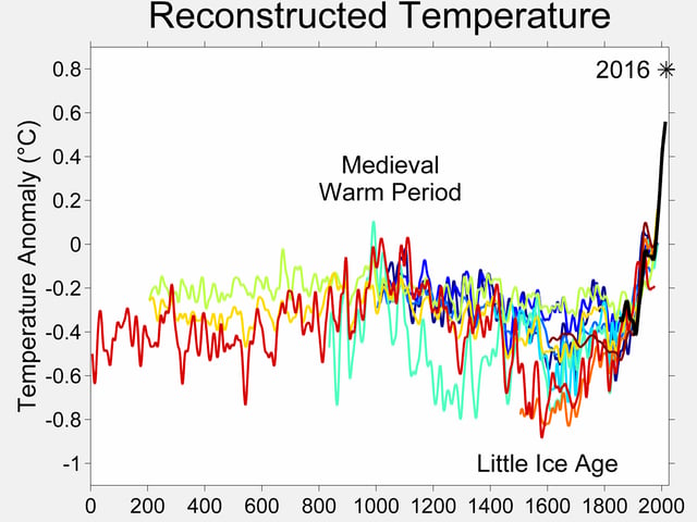 지난 2천년간의 세계 온도 기록을 프록시로 보정한 그래프.