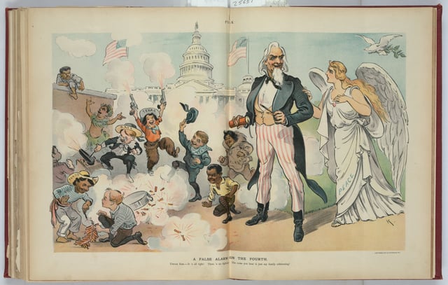 American children of many ethnic backgrounds celebrate noisily in 1902 Puck cartoon