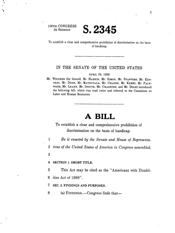 Americans with Disabilities Act of 1988, S. 2346, Page 1
