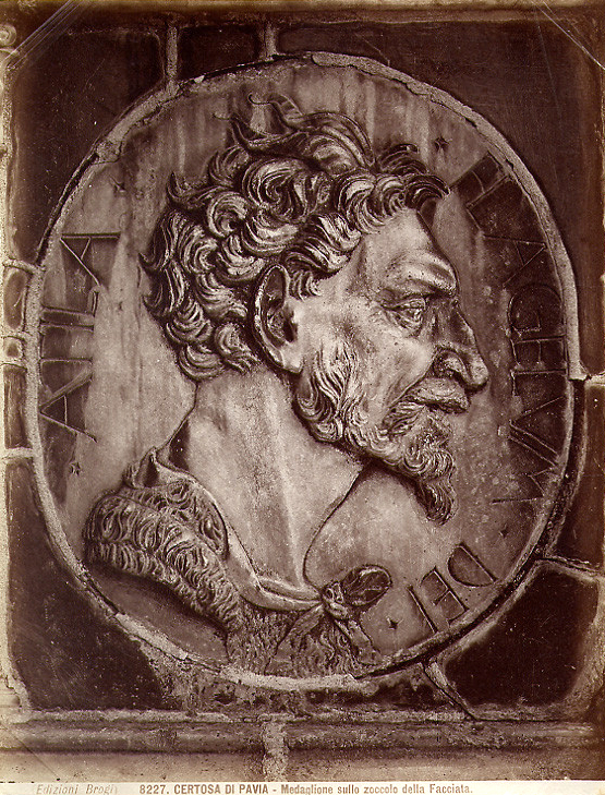 A nineteenth century depiction of Attila. Certosa di Pavia – Medallion at the base of the facade. The Latin inscription tells that this is Attila, the scourge of God.