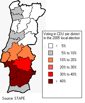 CDU results in the local election of 2005. (Azores and Madeira are not shown)