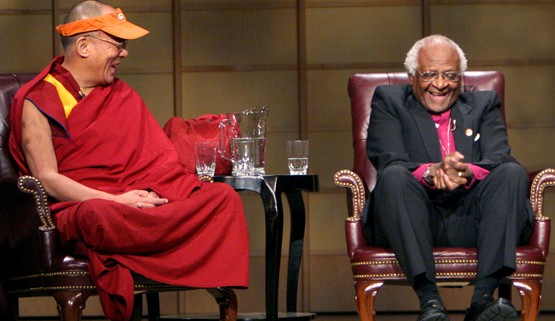 The 14th Dalai Lama and Archbishop Desmond Tutu, both Nobel Peace Prize laureates, in Vancouver, British Columbia, in 2004