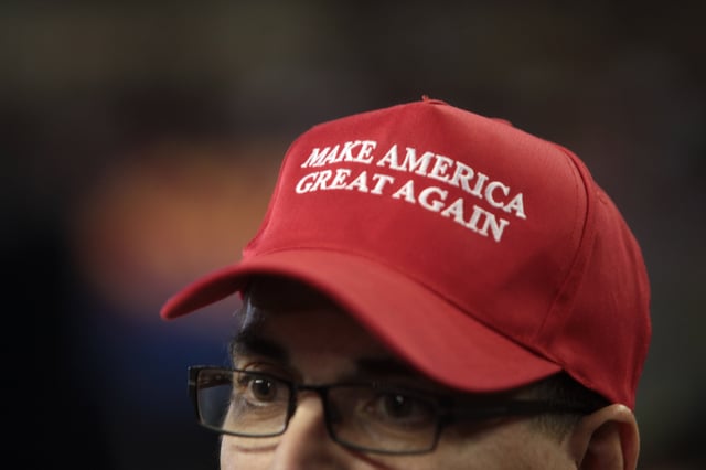Make America Great Again slogan worn by a Trump supporter