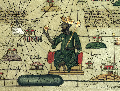 Mansa Musa depicted holding a gold nugget from a 1395 map of Africa and Europe