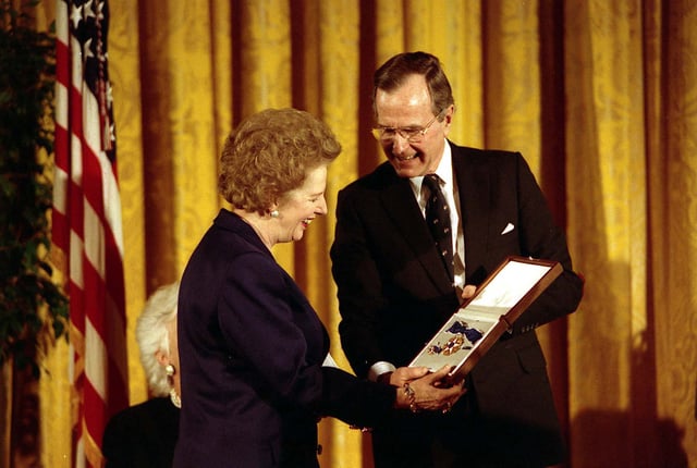 Thatcher receiving the Presidential Medal of Freedom in 1991