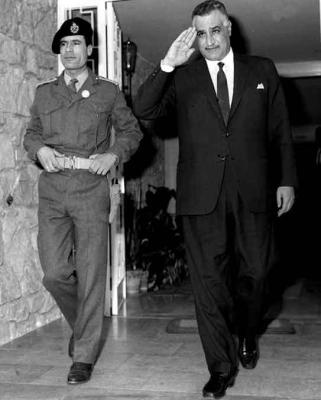 Gaddafi (left) with Egyptian President Nasser in 1969. Nasser privately described Gaddafi as "a nice boy, but terribly naïve".