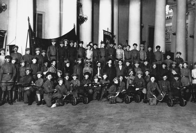 The dissolution of the Constituent Assembly on 6 January 1918. The Tauride Palace is locked and guarded by Trotsky, Sverdlov, Zinoviev and Lashevich.