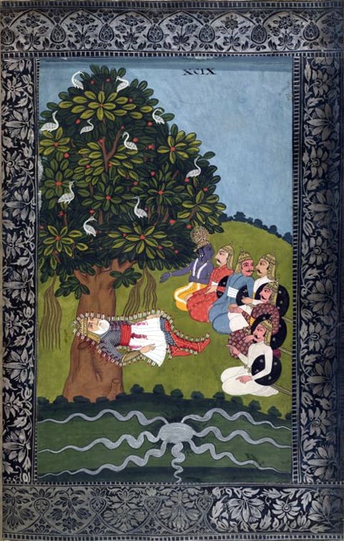 Bhishma on his death-bed of arrows with the Pandavas and Krishna. Folio from the Razmnama (1761–1763), Persian translation of the Mahabharata, commissioned by Mughal emperor Akbar. The Pandavas are dressed in Persian armour and robes.