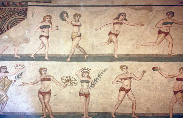The "bikini girls" mosaic, showing women playing sports, from the Villa Romana del Casale, Roman province of Sicilia (Sicily), 4th century AD