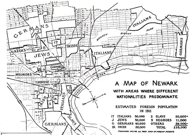 1910-era map of ethnic enclaves in Newark, New Jersey