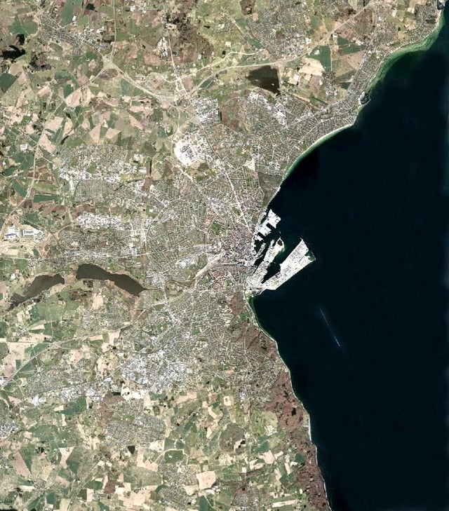Aerial view of the bay and city